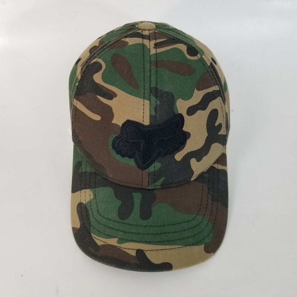 Fox Racing Hat Men S/M Green Camo Flexfit Embroidered Logo Baseball Cap OSFM